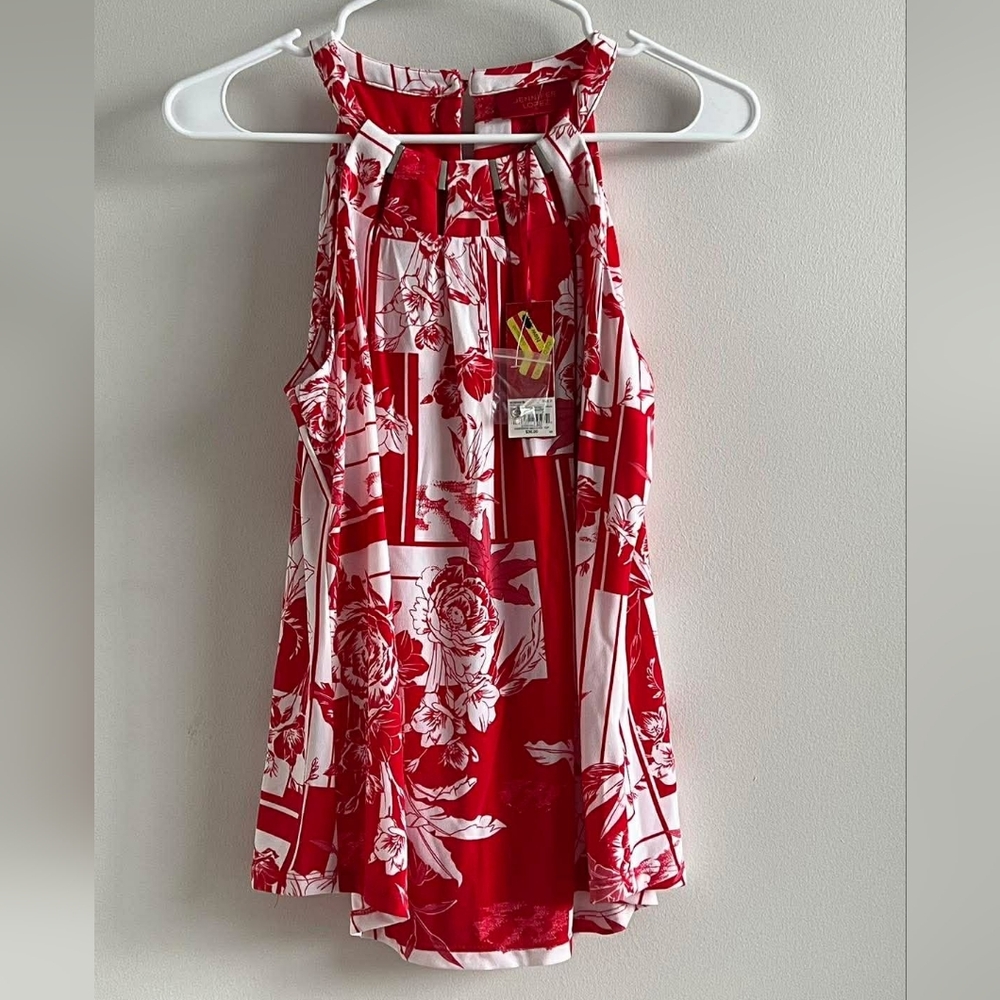 Jennifer Lopez Red and White Floral Halter Top with Keyhole Neck